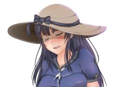Rule 34 | 10s, 1girl, ahegao, black hair, blue dress, blush, brown eyes, commentary, dress, hat, iowa (pacific), jay87k, kantai collection, mole, mole under eye, open mouth, out-of-frame censoring, pacific (kancolle), puffy short sleeves, puffy sleeves, sailor dress, shaded face, short sleeves, solo, sun hat