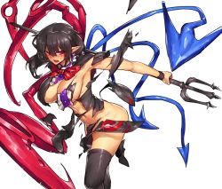 Rule 34 | 1girl, asymmetrical wings, black dress, black hair, black thighhighs, blush, bow, breasts, dress, female focus, houjuu nue, large breasts, looking at viewer, melon22, navel, no bra, open mouth, pointy ears, polearm, red eyes, solo, thighhighs, thighs, torn clothes, torn dress, touhou, trident, weapon, wings