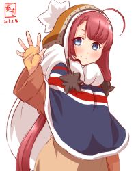 Rule 34 | 1girl, ahoge, blue eyes, coat, commentary request, dated, fingerless gloves, gloves, highres, kanon (kurogane knights), kantai collection, kawakaze (kancolle), logo, long hair, looking at viewer, low twintails, poncho, red hair, simple background, smile, solo, twintails, very long hair, white background, yellow gloves, yurucamp