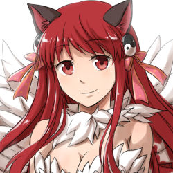 Rule 34 | 1girl, animal ears, bikini, bow, breasts, cat ears, cleavage, closed mouth, commentary request, feathered wings, hair bow, long hair, looking at viewer, medium breasts, natsuya (kuttuki), ragnarok online, red bow, red eyes, red hair, simple background, smile, solo, swimsuit, upper body, wanderer (ragnarok online), white background, white bikini, white wings, wings, yin yang, yin yang hair ornament