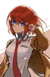 Rule 34 | 1girl, alternate hairstyle, arm up, blue eyes, breasts, brown jacket, closed mouth, collared shirt, commentary request, hair between eyes, ibispaint (medium), jacket, jun (2577985), looking at viewer, makise kurisu, medium hair, necktie, open clothes, open jacket, red hair, red necktie, shirt, solo, steins;gate, upper body, white shirt