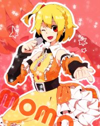 Rule 34 | 1girl, bad id, bad pixiv id, belt, blonde hair, chain, collar, detached sleeves, dress, frills, kagerou project, kisaragi attention (vocaloid), kisaragi momo, looking at viewer, microphone, music, one eye closed, open mouth, pointing, pointing at viewer, red eyes, short hair, side ponytail, singing, solo, vocaloid, wink, yamarisu (ymrs)