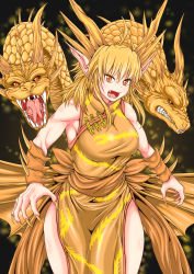 Rule 34 | 1girl, absurdres, arm blade, breasts, china dress, chinese clothes, claws, commentary, dragon, dragon girl, dragon horns, dragon wings, dress, fangs, fingernails, godzilla: the planet eater, godzilla (series), highres, horns, kaijuu, king ghidorah, large breasts, long fingernails, long hair, monster, multiple heads, muscular, mynameissuusan, open hand, open mouth, orange eyes, personification, pointy ears, scales, sharp teeth, side slit, slit pupils, teeth, toho, tongue, translation request, weapon, wings