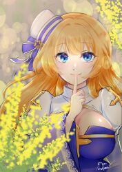 Rule 34 | 1girl, arch bishop (ragnarok online), blonde hair, blue bow, blue dress, blue eyes, blush, borrowed character, bow, breasts, cleavage, cleavage cutout, closed mouth, clothing cutout, commentary request, cross, dated, dress, finger to mouth, flower, hair intakes, hat, hat bow, hat ornament, highres, index finger raised, juliet sleeves, large breasts, long hair, long sleeves, looking at viewer, medium bangs, moko (gumaguma m), pillbox hat, puffy sleeves, ragnarok masters, ragnarok online, smile, solo, star (symbol), star hat ornament, striped bow, two-tone dress, upper body, white bow, white dress, white hat, yellow flower