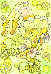 Rule 34 | 00s, 1girl, arm warmers, arms behind head, bike shorts, bike shorts under skirt, blonde hair, cone hair bun, cure lemonade, curly hair, drill hair, eyelashes, food, fruit, hair bun, hair ornament, high heels, jewelry, kasugano urara (yes! precure 5), layered skirt, lemon, lipstick, long hair, looking at viewer, magical girl, makeup, open mouth, precure, puffy sleeves, sayococco, shorts, shorts under skirt, skirt, solo, thighhighs, twin drills, twintails, upside-down, yellow background, yellow eyes, yellow theme, yes! precure 5, yes! precure 5 gogo!, zettai ryouiki