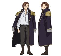 Rule 34 | 1boy, black coat, black pants, boots, brown footwear, brown hair, character sheet, coat, coat on shoulders, epaulettes, expressionless, from side, full body, granat (sousou no frieren), long sleeves, male focus, official art, open clothes, open coat, pants, profile, shirt, sousou no frieren, straight-on, transparent background, white shirt