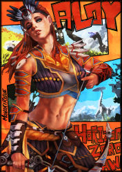 Rule 34 | 1girl, abs, absurdres, aloy (horizon), arm guards, arrow (projectile), beads, bow (weapon), character name, copyright name, eyeshadow, freckles, green eyes, hair slicked back, head tilt, headdress, highres, horizon (video game), horizon zero dawn, looking at viewer, makeup, midriff, monori rogue, navel, one eye closed, parted lips, pouch, red hair, robot, solo, stomach, strap, toned, upper body, weapon