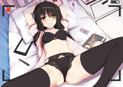 Rule 34 | 10s, 1girl, ass, bad id, bad pixiv id, bdsm, bed, black garter belt, black hair, black panties, blister pack, bondage, bound, bow, bow bra, bow panties, bra, breasts, clipboard, date a live, digital thermometer, fedsnk, garter belt, garter straps, lace, lace-trimmed legwear, lace-trimmed panties, lace trim, medium breasts, navel, panties, pill, pillow, recording, restrained, see-through, solo, thermometer, thighhighs, tokisaki kurumi, twintails, underwear, viewfinder, yellow eyes