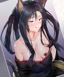 Rule 34 | 1girl, :q, animal ears, bare shoulders, black hair, blush, breasts, cat ears, cat tail, cleavage, commentary request, hair rings, hairband, high school dxd, japanese clothes, kimono, kuroka (high school dxd), large breasts, long hair, multiple tails, off shoulder, slit pupils, smile, solo, tail, tongue, tongue out, uno ryoku, yellow eyes