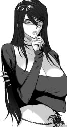 Rule 34 | 1girl, absurdres, arm under breasts, breasts, cleavage, ennuigrl, erato (ennuigirl), finger to mouth, greyscale, hair between eyes, highres, jewelry, large breasts, long hair, looking to the side, monochrome, navel, original, ring, scorpion