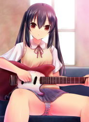 Rule 34 | 1girl, black hair, blush, brown eyes, cameltoe, flat chest, guitar, instrument, k-on!, long hair, nakano azusa, open mouth, panties, pantyshot, ribbon, school uniform, shiny skin, sitting, skirt, solo, spread legs, striped clothes, striped panties, sweater vest, twintails, underwear, unikurage, upskirt, wet, wet clothes, wet panties