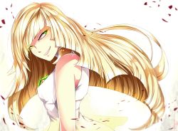 Rule 34 | 10s, 1girl, absurdres, blonde hair, breasts, creatures (company), dress, female focus, game freak, gradient background, highres, invidiata, long hair, looking away, lusamine (pokemon), nintendo, open mouth, petals, pokemon, pokemon sm, sleeveless, sleeveless dress, solo, upper body, very long hair, white background