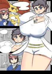 Rule 34 | 10s, 1boy, 1girl, age difference, black hair, blue eyes, blush, breasts, calem (pokemon), choker, cleavage, comic, covered erect nipples, creatures (company), curvy, delphox, diantha (pokemon), game freak, gen 6 pokemon, hat, highres, huge breasts, large breasts, nintendo, nipples, pokemon, pokemon (creature), pokemon xy, short hair, smile, teddy jack, upper body