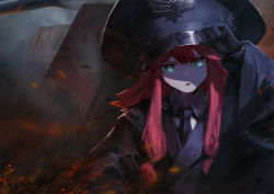 Rule 34 | 1girl, absurdres, ash arms, black gloves, black hat, black necktie, embers, gloves, glowing, glowing eyes, green eyes, hair between eyes, hand on headwear, hat, highres, hui feng, large hat, long hair, maus (ash arms), necktie, open mouth, outdoors, red hair, smoke, solo, upper body