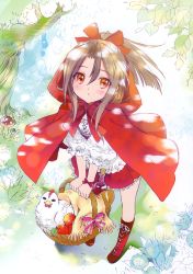 Rule 34 | 1girl, :&lt;, absurdres, apple, basket, bird, blush, boots, bottle, bow, cape, carnelian, character request, chicken, cosplay, flower, food, from above, fruit, hair bow, highres, holding, holding basket, hood, hood down, hooded cape, kantai collection, long hair, looking at viewer, mushroom, outdoors, ponytail, red bow, red cape, red eyes, red footwear, red skirt, scan, shirt, skirt, solo, standing, tree, white shirt