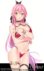 Rule 34 | 1girl, bare shoulders, blush, breasts, cleavage, evertale, highres, large breasts, long hair, looking at viewer, md5 mismatch, open mouth, pink hair, popqn, resolution mismatch, revealing clothes, solo, source smaller, swimsuit, white background