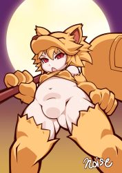 Rule 34 | 1girl, absurdres, artist name, bell, blonde hair, bottomless, breasts, commentary request, commission, fang, feet out of frame, fox girl, fox hat, from below, full moon, gluteal fold, halterneck, highres, holding, holding staff, looking at viewer, looking down, moon, moonlight flower, no panties, no pussy, noise (lesion949), open mouth, ragnarok online, red eyes, second-party source, short hair, skeb commission, small breasts, solo, staff