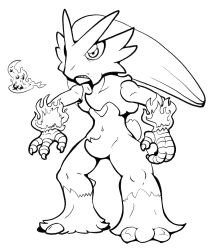 Rule 34 | 1other, animal feet, animal hands, bird tail, blaziken, body fur, breath weapon, breathing fire, claws, clenched teeth, creatures (company), fire, full body, game freak, gen 3 pokemon, greyscale, highres, legs, lineart, long hair, monochrome, nintendo, other focus, pokemon, pokemon (creature), simple background, solo, standing, tail, teeth, white background, zen migawa
