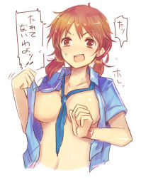 Rule 34 | 10s, 1girl, blush, breasts, brown eyes, brown hair, cleavage, idolmaster, idolmaster cinderella girls, kara (color), katagiri sanae, navel, necktie, no bra, open clothes, open mouth, open shirt, shirt, short sleeves, short twintails, solo, sweatdrop, translation request, twintails, white background