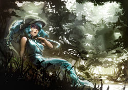 Rule 34 | 1g no izumi, 1girl, bare shoulders, blue eyes, blue hair, forest, hat, kawashiro nitori, matching hair/eyes, nature, open mouth, short hair, sitting, solo, sweat, touhou, twintails, two side up