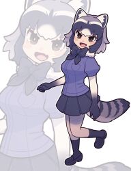 Rule 34 | 1girl, an-chan (ananna0315), animal ears, black bow, black bowtie, black footwear, black gloves, black hair, black skirt, black socks, blue sweater, blush, bow, bowtie, brown eyes, common raccoon (kemono friends), elbow gloves, fang, full body, fur collar, gloves, gradient gloves, grey hair, hair between eyes, highres, kemono friends, loafers, multicolored hair, open mouth, pantyhose, pleated skirt, puffy short sleeves, puffy sleeves, raccoon ears, raccoon girl, raccoon tail, shoes, short hair, short sleeves, sidelocks, skirt, smile, socks, solo, sweater, tail, two-tone gloves, white fur, white gloves, white hair, white pantyhose