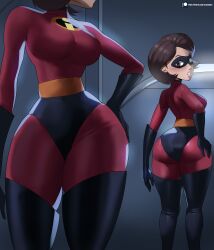 Rule 34 | 1girl, absurdres, ass, ass focus, bodysuit, breasts, brown hair, derivative work, echo saber, elastigirl, hand on own ass, highres, large breasts, mask, mirror, solo, the incredibles