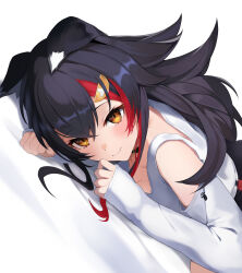 Rule 34 | 1girl, absurdres, animal ears, argule0901, black choker, black hair, choker, clothing cutout, dutch angle, ears down, fang, hair between eyes, hair ornament, highres, hololive, light blush, long hair, lying, multicolored hair, on stomach, ookami mio, ookami mio (casual), shirt, shoulder cutout, skin fang, sleeves past wrists, smile, solo, streaked hair, virtual youtuber, white background, white shirt, wolf ears, wolf girl, yellow eyes