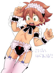 Rule 34 | 1boy, @@@, bow, brown hair, character request, crossdressing, embarrassed, garter belt, garter straps, green eyes, hairband, lingerie, looking down, maid, open mouth, panties, simple background, tears, thigh gap, thighhighs, underwear, white background, wrist cuffs