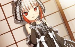 Rule 34 | 1girl, black dress, black gloves, bow, collarbone, cura, dress, dutch angle, elbow gloves, flat (company), frilled dress, frills, gloves, gothic lolita, hairband, lace, lace-trimmed dress, lace-trimmed gloves, lace trim, lolita fashion, lolita hairband, looking at viewer, monobeno, multicolored hair, open mouth, red eyes, red hair, solo, standing, sumi (monobeno), white bow, white hair