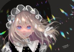Rule 34 | 1girl, absurdres, black hat, blue eyes, blurry, bow, chromatic aberration, depth of field, eyeshadow, floating hair, frills, grey background, hair bow, hat, highres, kirisame marisa, lace trim, lens flare, light smile, lips, looking at viewer, makeup, nostrils, parted lips, portrait, simple background, solo, soyohito, touhou, upper body, white bow, witch hat