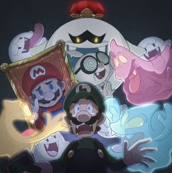 Rule 34 | 3boys, artist request, black background, blue eyes, boo (mario), crown, facial hair, fangs, ghost, glasses, hat, king boo, luigi, luigi&#039;s mansion, mario, mario (series), multiple boys, mustache, nintendo, open mouth, overalls, painting (object), professor elvin gadd, smile, tears, yellow eyes