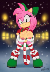 Rule 34 | amy rose, bow hairband, breasts, candy, candy cane, excito, female focus, food, hairband, highres, jingle belle amy (sonic), large breasts, object insertion, pussy, snow, sonic (series), sonic forces: speed battle, thighhighs