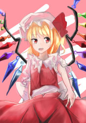 Rule 34 | 1girl, back bow, blonde hair, bow, cowboy shot, crystal, fangs, flandre scarlet, frilled sleeves, frills, hat, highres, ie funa, large bow, medium hair, mob cap, multicolored wings, open mouth, pink background, puffy short sleeves, puffy sleeves, red eyes, red skirt, red vest, shirt, short sleeves, simple background, skirt, solo, teeth, touhou, upper teeth only, vest, white bow, white hat, white shirt, wings