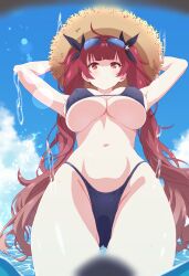 Rule 34 | 1girl, absurdres, arbiter1, azur lane, bikini, black bikini, black ribbon, blue sky, breasts, covered erect nipples, day, eyewear on head, from below, hair ornament, hat, highres, honolulu (azur lane), honolulu (summer accident?!) (azur lane), large breasts, long hair, looking at viewer, official alternate costume, outdoors, red eyes, red hair, ribbon, sky, solo, star (symbol), star hair ornament, straw hat, sunglasses, swimsuit, twintails, very long hair, wading, water