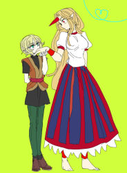 Rule 34 | 1boy, 1girl, arm behind back, bad id, bad pixiv id, barefoot, blonde hair, blouse, full body, genderswap, genderswap (ftm), green eyes, heart, heart of string, height difference, hetero, horns, hoshiguma yuugi, kiss, kissing hand, long hair, looking at another, looking down, looking up, mizuhashi parsee, pants, pointy ears, red eyes, shimana (cs-ts-az), shirt, shoes, short hair, single horn, sketch, skirt, standing, touhou, vest, wristband