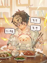 Rule 34 | 1boy, ^ ^, animal, animal on lap, black eyes, black hair, blush, bookshelf, bowl, chopsticks, closed eyes, commentary request, couch, dragon, feeding, food, food on face, fried chicken, handkerchief, hands up, highres, holding, holding chopsticks, holding handkerchief, indoors, looking at animal, male focus, momoi housuke, on couch, on lap, original, rice, rice bowl, shirt, short hair, short sleeves, sitting, sliced meat, smile, solo, speech bubble, suki na souzai happyou dragon (utau), t-shirt, table, white shirt