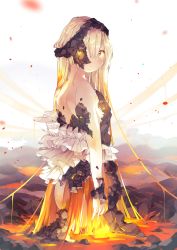 Rule 34 | 1girl, absurdly long hair, absurdres, arms at sides, ass, bare shoulders, blonde hair, blush, breasts, closed mouth, commentary request, cowboy shot, dress, eyelashes, fire, frills, gradient hair, hair between eyes, highres, long hair, looking at viewer, md5 mismatch, lava, monster girl, multicolored hair, one eye covered, orange hair, original, resolution mismatch, rock, shoulder blades, small breasts, solo, soranagi yuki, source smaller, standing, strapless, strapless dress, twisted neck, very long hair, volcano, yellow eyes