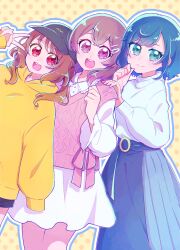 Rule 34 | absurdres, alternate hairstyle, aqua eyes, baseball cap, black headwear, black shorts, blue hair, blue skirt, bob cut, brown hair, casual, collared dress, delicious party precure, dress, fuwa kokone, hair down, hair ornament, hairclip, hanamichi ran, hand on another&#039;s shoulder, hat, highres, hood, hood down, hooded sweater, long skirt, long sleeves, looking at viewer, nagomi yui, open mouth, pink sweater vest, precure, purple eyes, red eyes, short dress, shorts, side-by-side, skirt, sleeves past fingers, sleeves past wrists, smile, standing, sweater, sweater vest, turtleneck, turtleneck sweater, twintails, usiusi nanas, v, white dress, white sweater, yellow sweater
