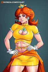 Rule 34 | 1girl, abs, blue eyes, breasts, brown hair, cleavage cutout, clothing cutout, crown, earrings, female focus, flower earrings, gloves, hand on own hip, highres, jewelry, large breasts, looking at viewer, mario (series), midriff, nintendo, princess daisy, puffy short sleeves, puffy sleeves, r3ydart, shiny skin, short sleeves, skirt, solo, super mario land