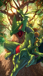 Rule 34 | claws, commentary, creatures (company), day, game freak, gen 3 pokemon, green eyes, hanging, highres, karamimame, light rays, multicolored eyes, nintendo, no humans, open mouth, plant, pokemon, pokemon (creature), sceptile, tongue, tree, vines, yellow eyes