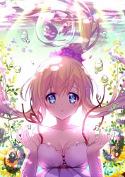 Rule 34 | 1girl, :o, air (visual novel), air bubble, bare shoulders, blonde hair, blue eyes, breasts, bubble, cleavage, collarbone, commentary request, dress, fingernails, flower, hair between eyes, hair ornament, hair scrunchie, hands up, high ponytail, highres, kamio misuzu, long hair, medium breasts, parted lips, ponytail, purple scrunchie, resolution mismatch, ringo sui, scrunchie, sidelocks, sleeveless, sleeveless dress, solo, source smaller, sunflower, underwear, white dress, yellow flower