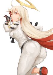 Rule 34 | 1girl, ahoge, arc system works, arqa, ass, blonde hair, bodysuit, breasts, candy, fingernails over gloves, food, from behind, gloves, guilty gear, guilty gear xrd, halo, jack-o&#039; valentine, leaning, leaning forward, lollipop, long hair, looking at viewer, multicolored hair, red eyes, red hair, shiny clothes, sideboob, skin tight, solo, very long hair