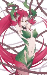 Rule 34 | 1girl, arms up, bare shoulders, breasts, cleavage, es (esscarlet), leaf, league of legends, long hair, looking at viewer, midriff, monster girl, navel, orange eyes, pink hair, plant, red hair, smile, solo, thorns, very long hair, vines, wearing plant, yellow eyes, zyra