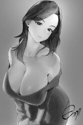 Rule 34 | 1girl, absurdres, animification, artist name, breasts, bunny ayumi, cleavage, collarbone, dress, grey background, greyscale, head tilt, highres, large breasts, long hair, looking at viewer, monochrome, off shoulder, parted lips, real life, shirofugu, solo