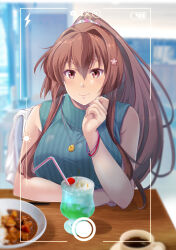 Rule 34 | 1girl, aqua shirt, blurry, blurry background, breasts, brown eyes, brown hair, casual, cellphone, coffee mug, cup, curry, curry rice, day, drink, drinking straw, flower, food, hair flower, hair ornament, highres, indoors, kantai collection, large breasts, long hair, looking at another, map (blue catty), mug, phone, picture frame, ponytail, restaurant, rice, shirt, short sleeves, sitting, smartphone, table, turtleneck shirt, very long hair, yamato (kancolle)