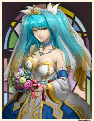 Rule 34 | 1girl, bare shoulders, blonde hair, blue hair, bouquet, breasts, bridal veil, choker, cleavage, detached sleeves, dress, flower, gradient hair, highres, jewelry, large breasts, league of legends, lipstick, long hair, makeup, multicolored hair, necklace, oz (gerbera7), ribbon, solo, sona (league of legends), stained glass, tiara, veil, wedding dress, yellow eyes