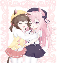 Rule 34 | 2girls, :d, ;d, absurdres, animal ear fluff, animal ears, azur lane, beret, black bow, black headwear, black skirt, blush, bow, cat ears, cat girl, cat tail, closed eyes, collared shirt, commentary request, ears through headwear, frilled sleeves, frills, hair between eyes, hair bow, hat, highres, jacket, kisaragi (azur lane), kisaragi (retrofit) (azur lane), lifebuoy hair ornament, long hair, long sleeves, multiple girls, mutsuki (azur lane), mutsuki (retrofit) (azur lane), neck ribbon, one eye closed, one side up, open mouth, pantyhose, pink hair, pleated skirt, purple eyes, red bow, red ribbon, red skirt, ribbon, roido (taniko-t-1218), school hat, shirt, short sleeves, short twintails, skirt, sleeves past wrists, smile, striped, striped bow, suspender skirt, suspenders, tail, twintails, very long hair, white legwear, white shirt, yellow headwear, yellow jacket