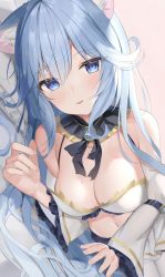 Rule 34 | 1girl, animal ear fluff, animal ears, bare shoulders, blue eyes, blue hair, breasts, cat ears, cleavage, crop top, detached collar, detached sleeves, frilled shirt, frilled sleeves, frills, highres, indie virtual youtuber, jewelry, kanase ito, long hair, long sleeves, looking at viewer, lying, medium breasts, midriff, miniskirt, mole, mole on breast, navel, necklace, on side, revealing clothes, shirt, skirt, solo, spaghetti strap, stomach, tongue, tongue out, virtual youtuber, white shirt, white skirt, wide sleeves, zukan (db tyoutyo)