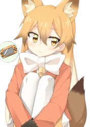 Rule 34 | 10s, 1girl, animal ears, blazer, blonde hair, blush, bow, brown hair, closed mouth, ezo red fox (kemono friends), fox ears, fox tail, hair between eyes, handheld game console, head tilt, hugging own legs, jacket, kemono friends, looking at viewer, multicolored hair, necktie, orange eyes, own hands together, playstation portable, pleated skirt, rateratte, sitting, skirt, smile, solo, spoken game console, tail, two-tone hair, white background, white bow, white legwear, white skirt, yellow necktie