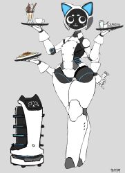 Rule 34 | 1girl, animal ears, bellabot, buttons, carrefour, cat, cat ears, double-breasted, extra arms, food, grey background, highres, joints, mechanical arms, parfait, personification, robot, robot girl, robot joints, simple background, tanaki bouei, thick thighs, thighs, waiter, wrist cuffs